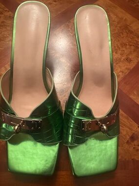 Green Metallic Slide Mules with Silver Buckle